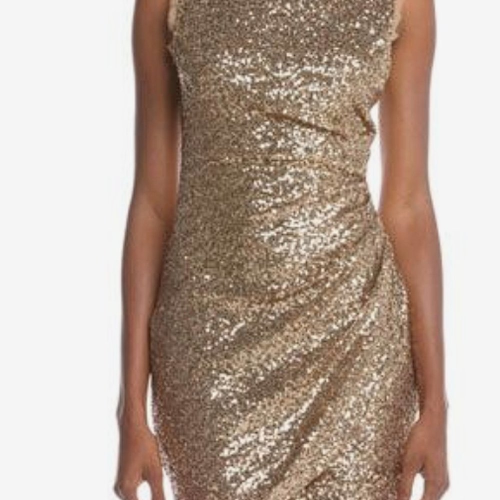 Ali Ro Gold Sequined Ruched Scoop Back Mini Dress